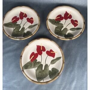 Kauhale Living Stoneware Handpainted Anthurium Flower Plate 10 6/8" D Lot of 3